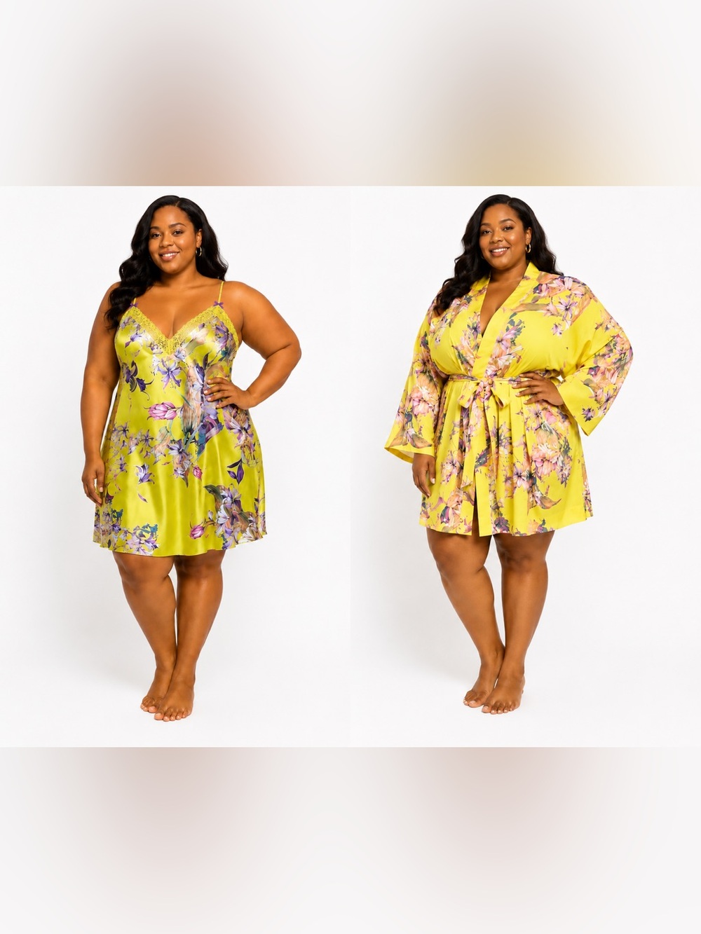 CACIQUE | Plus Size Floral Satin Chemise & Robe Set